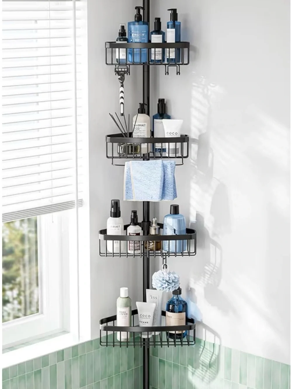 Black Corner Tension Shower Caddy - Organized Bathroom Storage